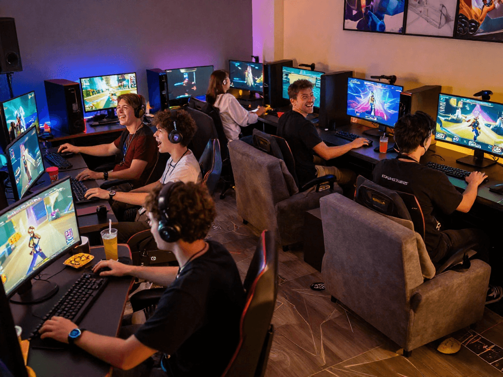 Engaged players exploring diverse porn games in vibrant gaming lounge