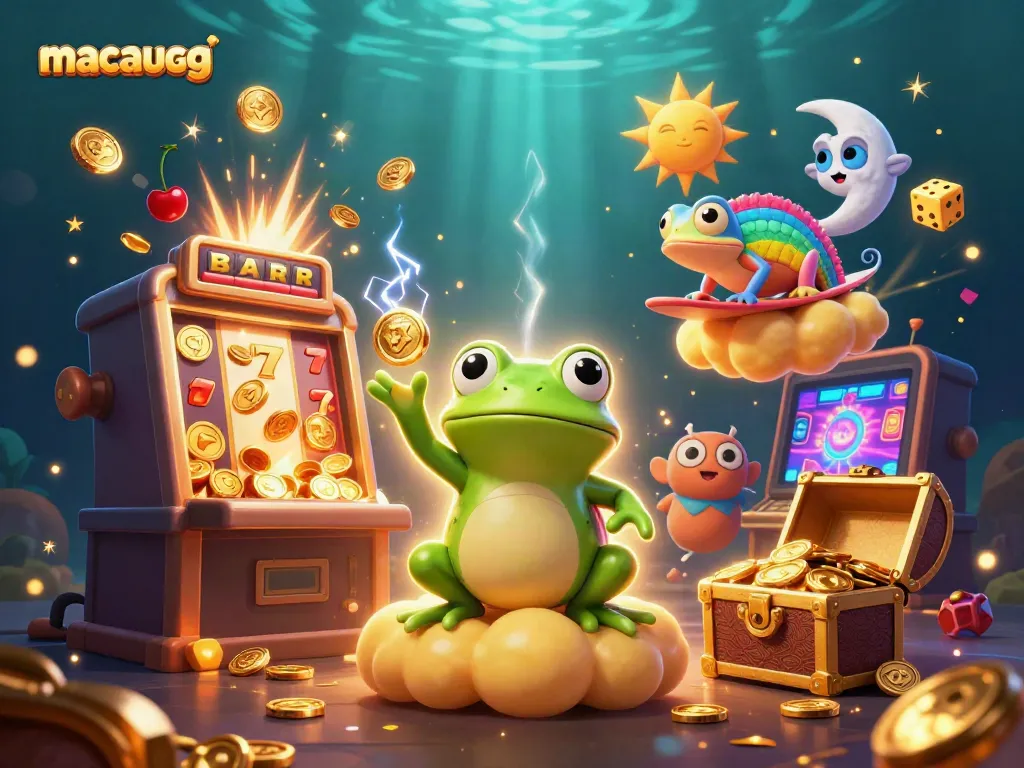 Experience the excitement of macaugg with golden coin storms, vibrant characters, and dynamic casino elements.