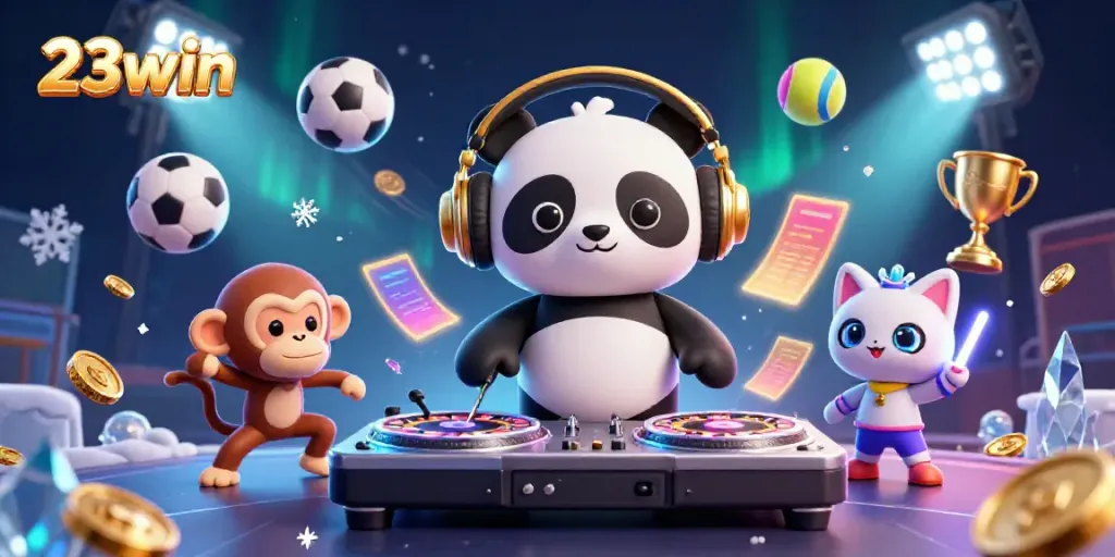 Experience the vibrant energy of 23win with a DJ panda and friends in a lively casino scene.