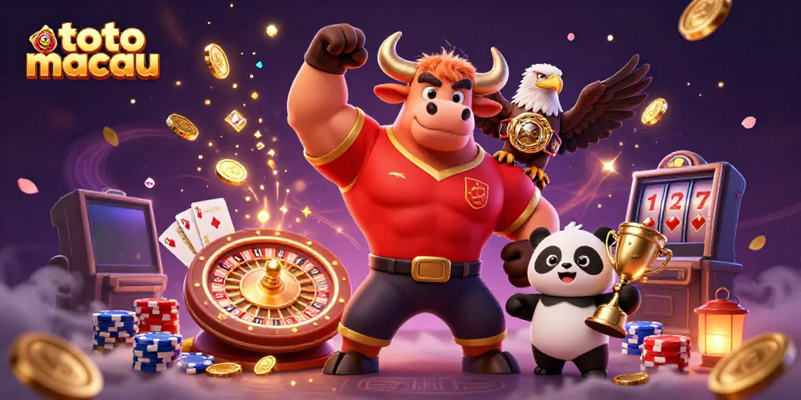Menyaksikan hasil toto macau dengan simbol kemenangan seperti banteng dan panda bersama koin emas berkilauan.