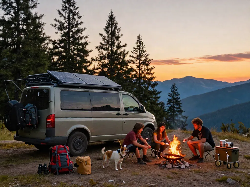 Family enjoying a camping trip with lithium battery for RV powering their setup in a scenic mountain landscape.
