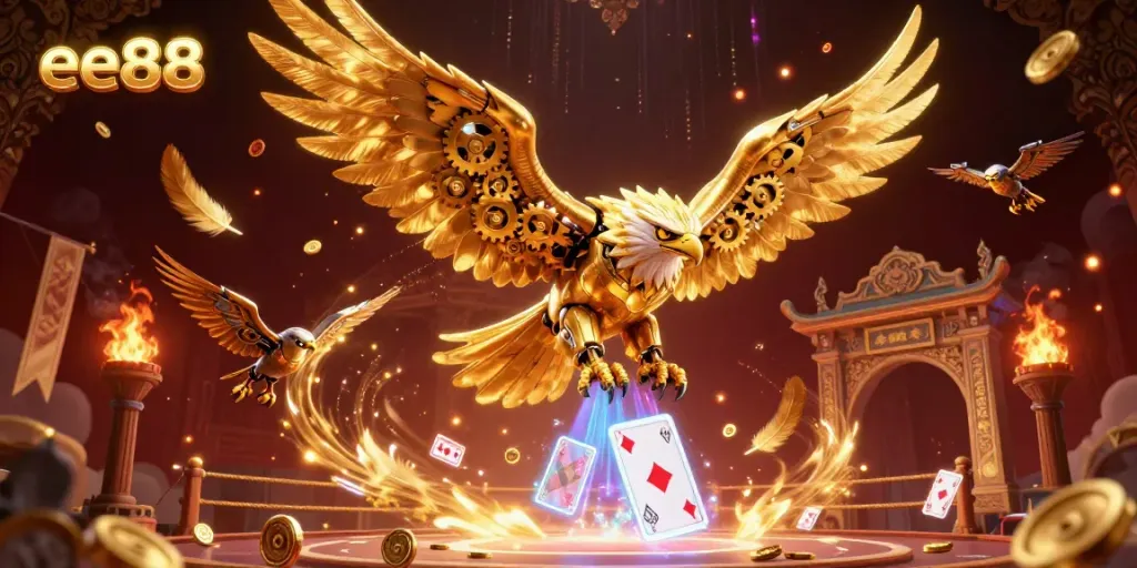 Experience the thrill of ee88 as a golden eagle dives amidst holographic cards in a vibrant casino scene.