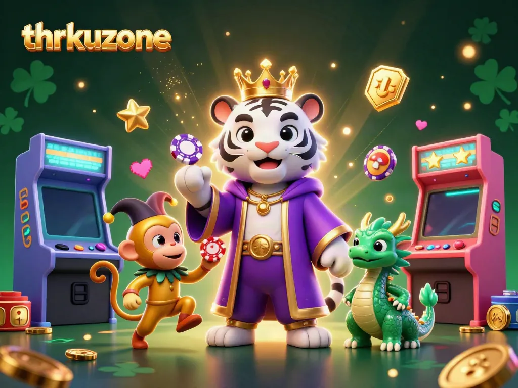 Experience exciting gaming adventures at thrkuzone with a vibrant scene featuring an elegant white tiger, a jester monkey, and colorful arcade machines.