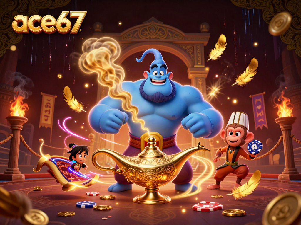 Experience the thrill of ace67 with a genie and monkey in a packed casino scene.
