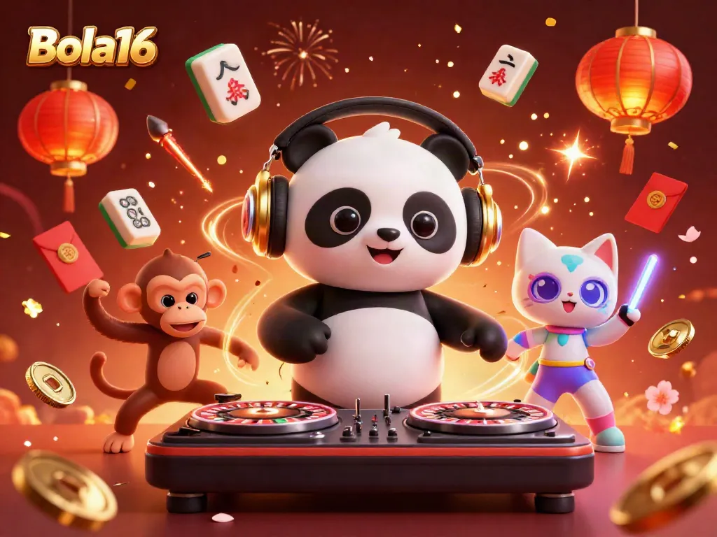 Bola16 invites gamblers to join a vibrant online gaming experience with a dynamic DJ panda and casino-themed party scene.