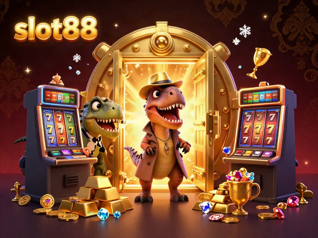 Experience thrilling slot88 gameplay with an animated velociraptor and friends at a vibrant slot machine.
