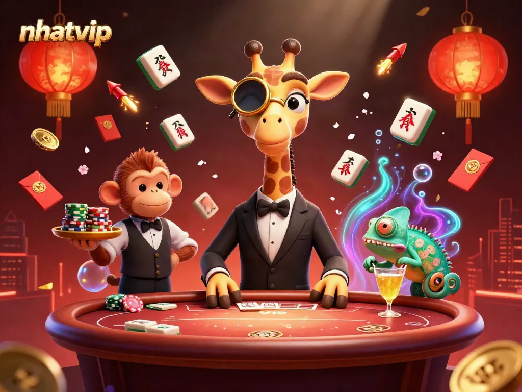Engage in thrilling gaming at nhatvip with a vibrant illustration of a high-roller giraffe and energetic casino elements.