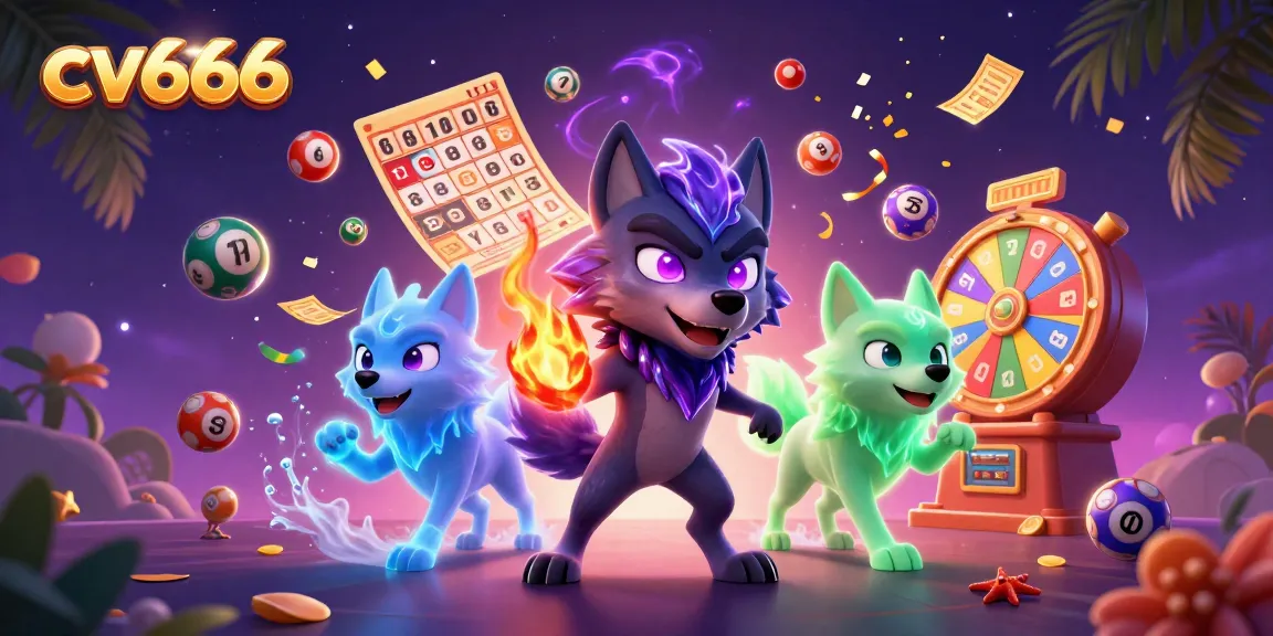 Experience cv666 with vibrant colored lottery balls and mystical wolf characters in a dynamic casino scene.