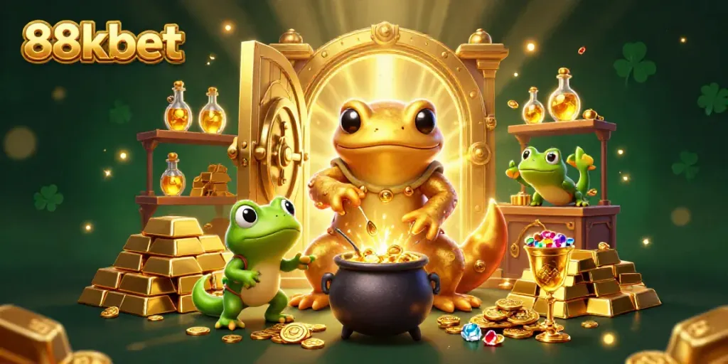 88kbet features a colorful illustration of an alchemist and helpers creating gold riches in a vibrant casino-themed lab.