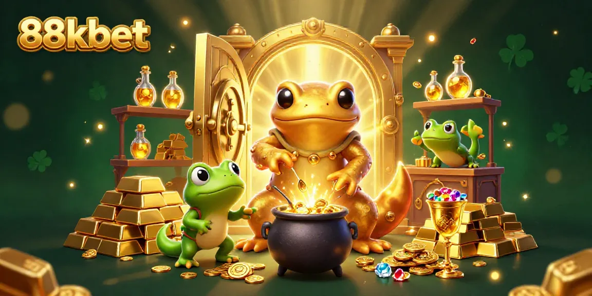 88kbet features a colorful illustration of an alchemist and helpers creating gold riches in a vibrant casino-themed lab.