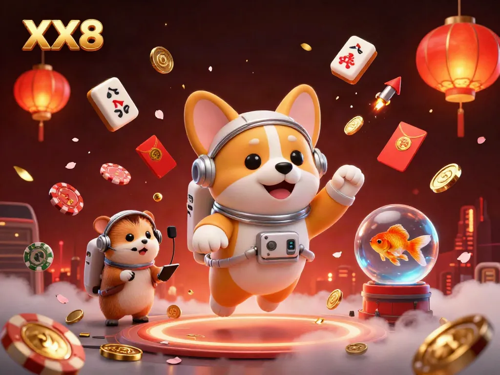 Experience thrilling moments at XX8 with a space casino scene featuring floating poker chips and a playful astronaut corgi.