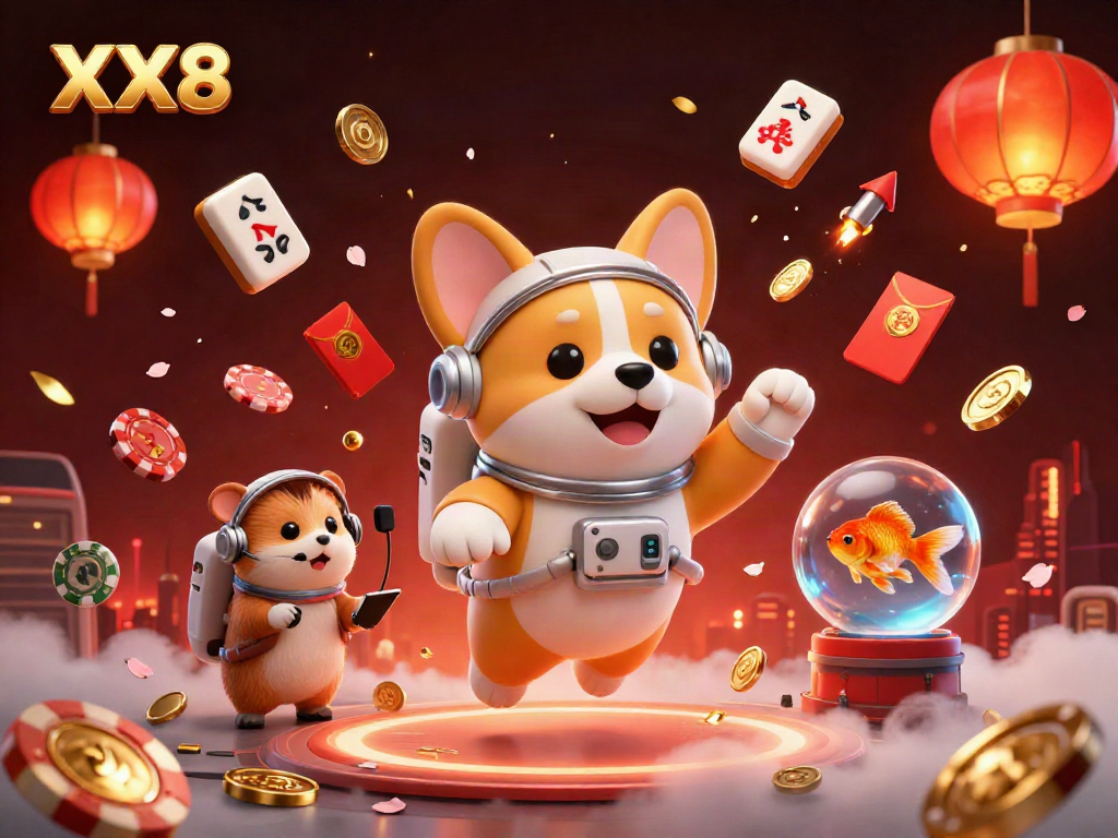 Experience thrilling moments at XX8 with a space casino scene featuring floating poker chips and a playful astronaut corgi.