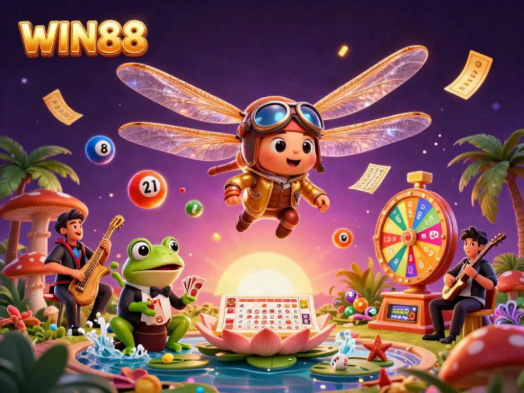 Experience the excitement of WIN88 with a vibrant casino scene featuring a dragonfly pilot, frog dealer, and jazz-playing crickets.