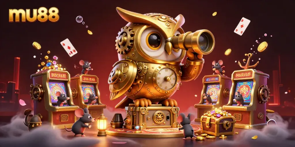 Experience the vibrant world of mu88 with a golden clockwork owl surveying an exciting casino scene.