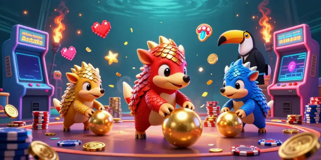 Two rival pangolins in red and blue armor engage in a fun casino game at an online casino Australia.