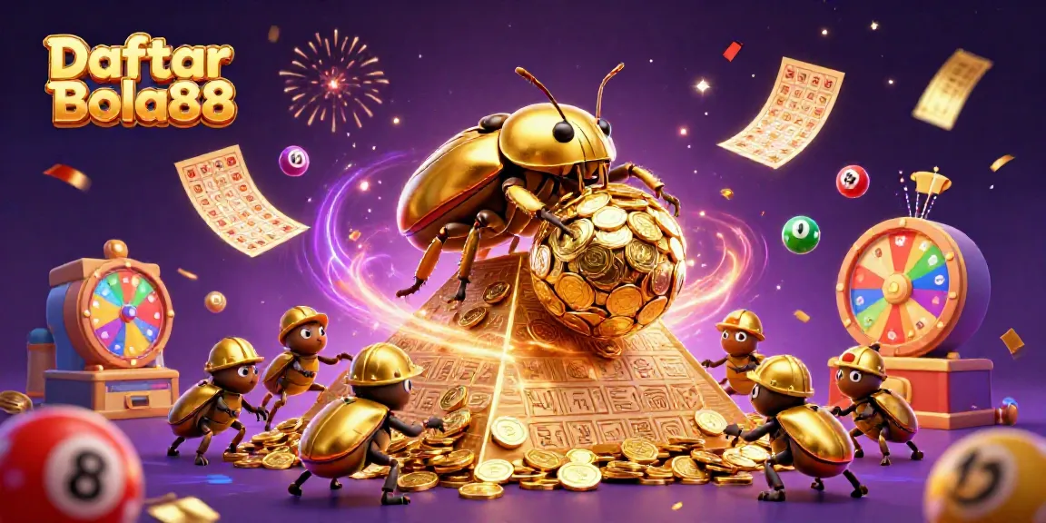 Engage with Daftar Bola88 as golden beetles celebrate casino culture in a vibrant scene.