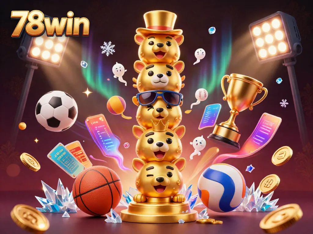 Experience the vibrant energy of 78win's golden totem pole surrounded by dynamic sports elements in this thrilling casino scene.