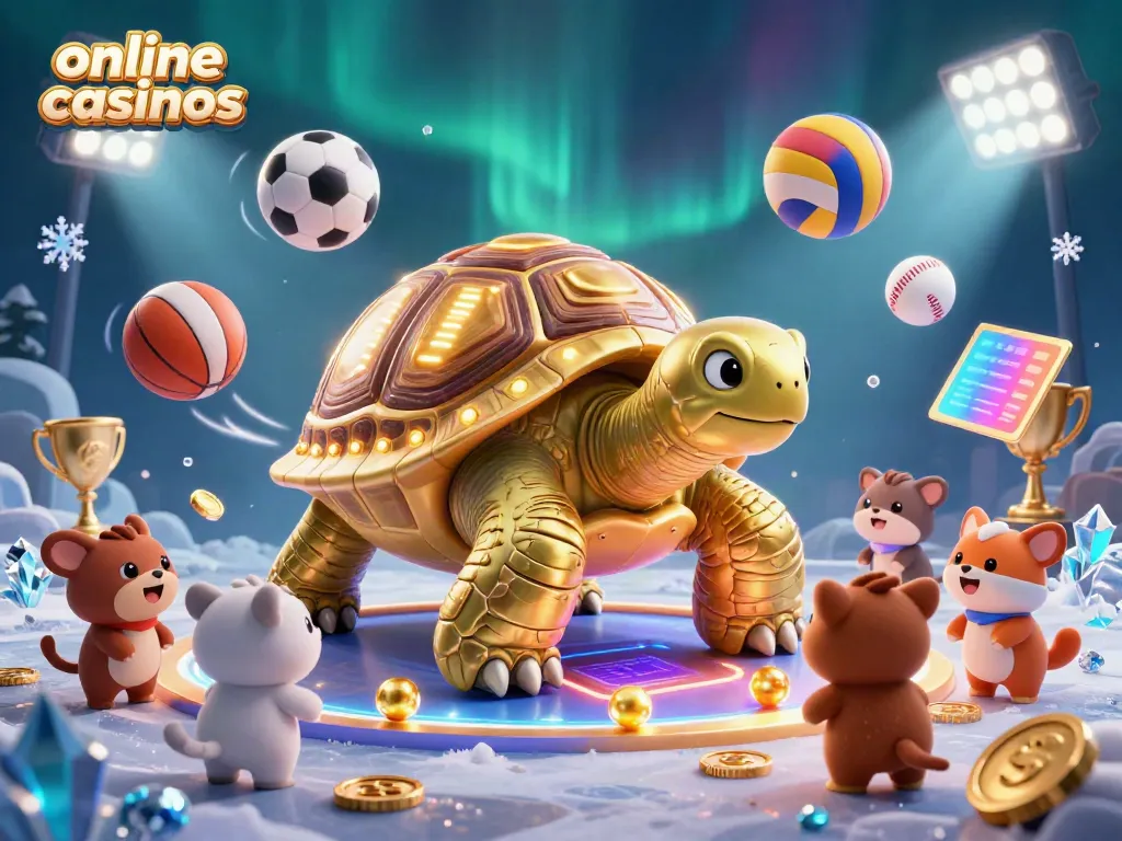Engaging scene showcasing exciting online casinos with a colossal golden tortoise pinball machine, cheerful animals, and dynamic sports elements.