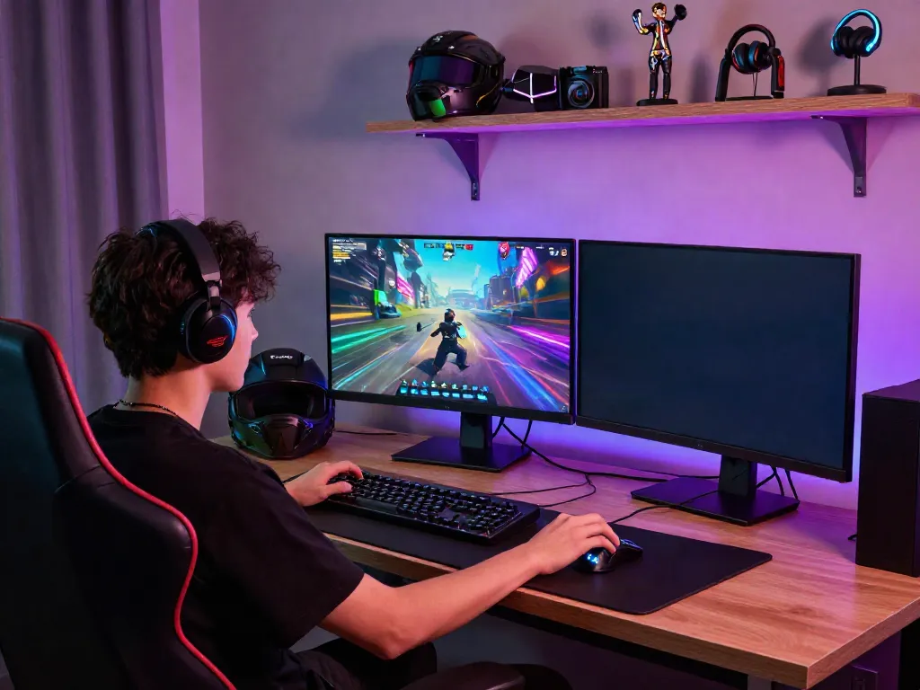 Gamer enjoying mobile mod apk gameplay on dual screens in dynamic gaming setup.