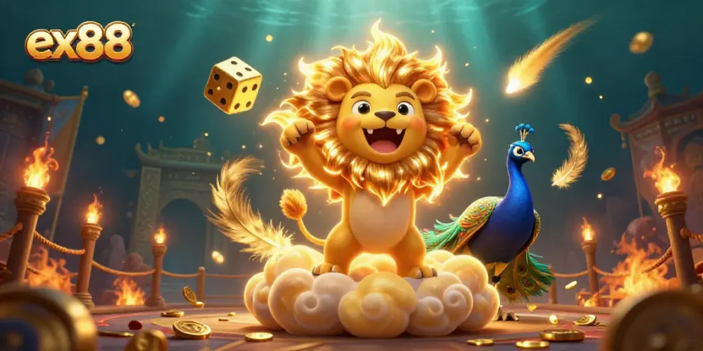 Engage with ex88's thrilling gaming atmosphere featuring a roaring sun lion and golden dice amidst a dazzling scene.