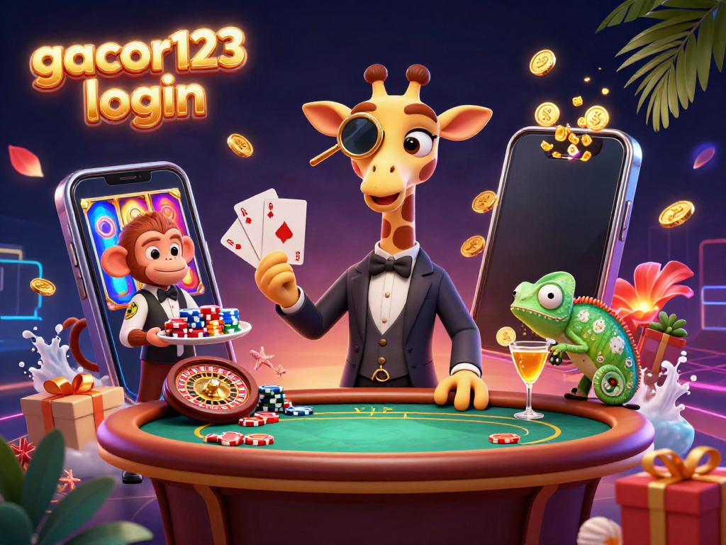 Engage with gacor123 login at a casino scene featuring vibrant characters and animated gaming elements.