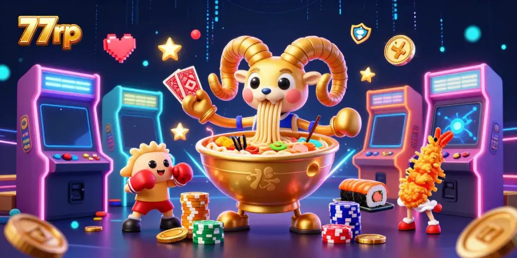 Experience thrilling gaming at 77rp with cartoon heroes dealing vibrant casino cards.