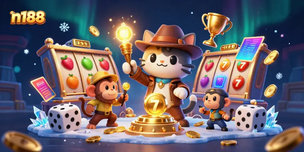 Engage with n188’s thrilling casino adventure as a cartoon explorer uncovers a golden jackpot.