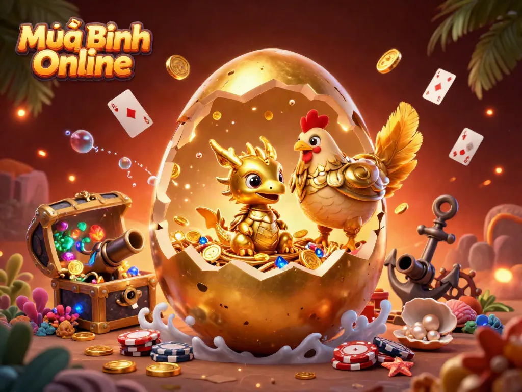 Experience thrilling Mậu Binh Online with a golden dragon, poker chips, and dynamic casino elements.