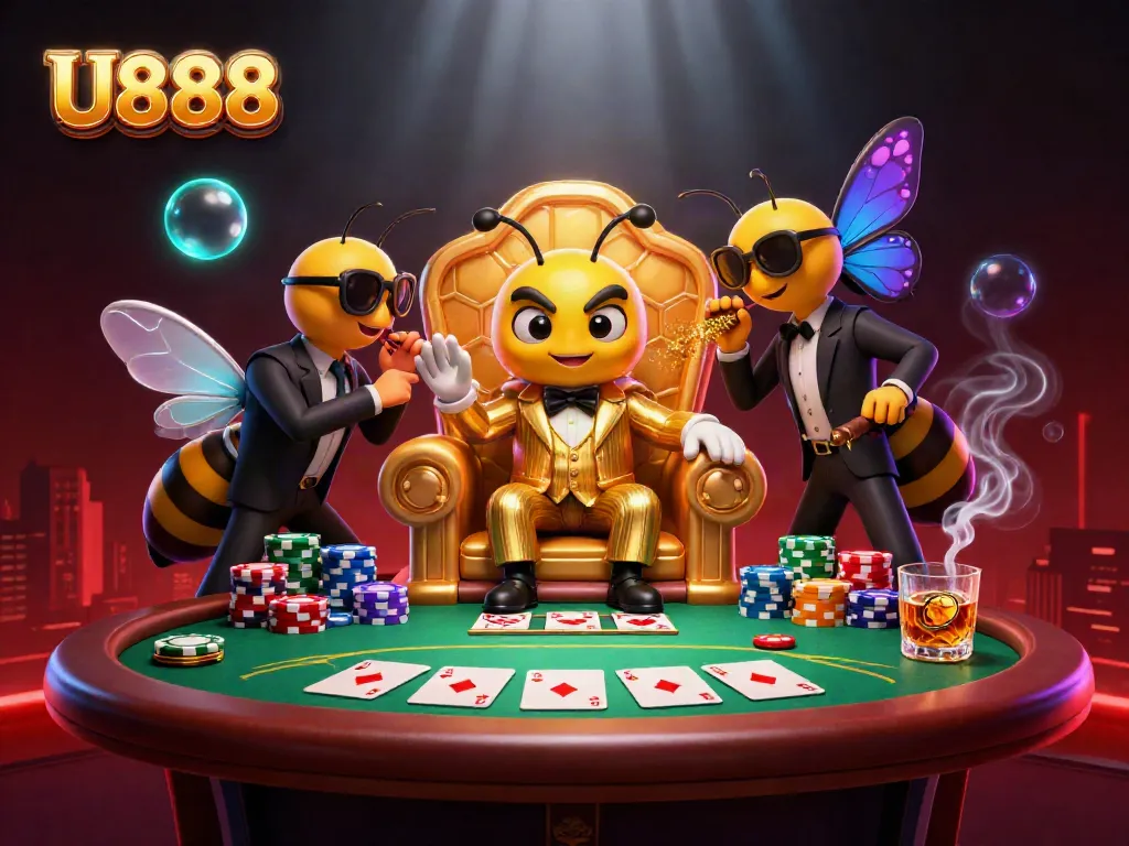 U888 features a 3D cartoon mob boss in a golden suit surrounded by poker elements.