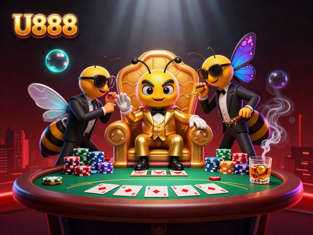 U888 features a 3D cartoon mob boss in a golden suit surrounded by poker elements.