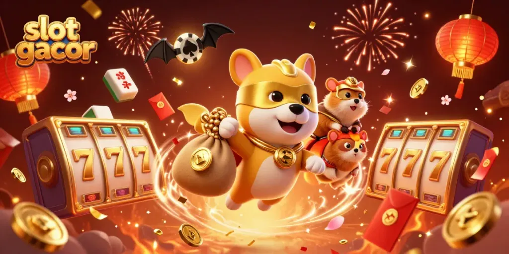 Engage in thrilling gaming with slot gacor featuring a superhero dog, vibrant colors, and dynamic casino elements.