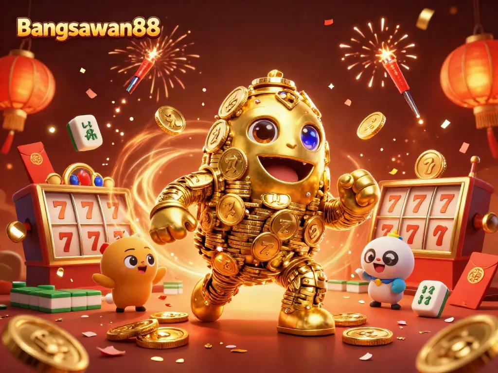 Bangsawan88 showcases exciting gameplay with a golden golem surrounded by vibrant casino elements and lucky symbols.