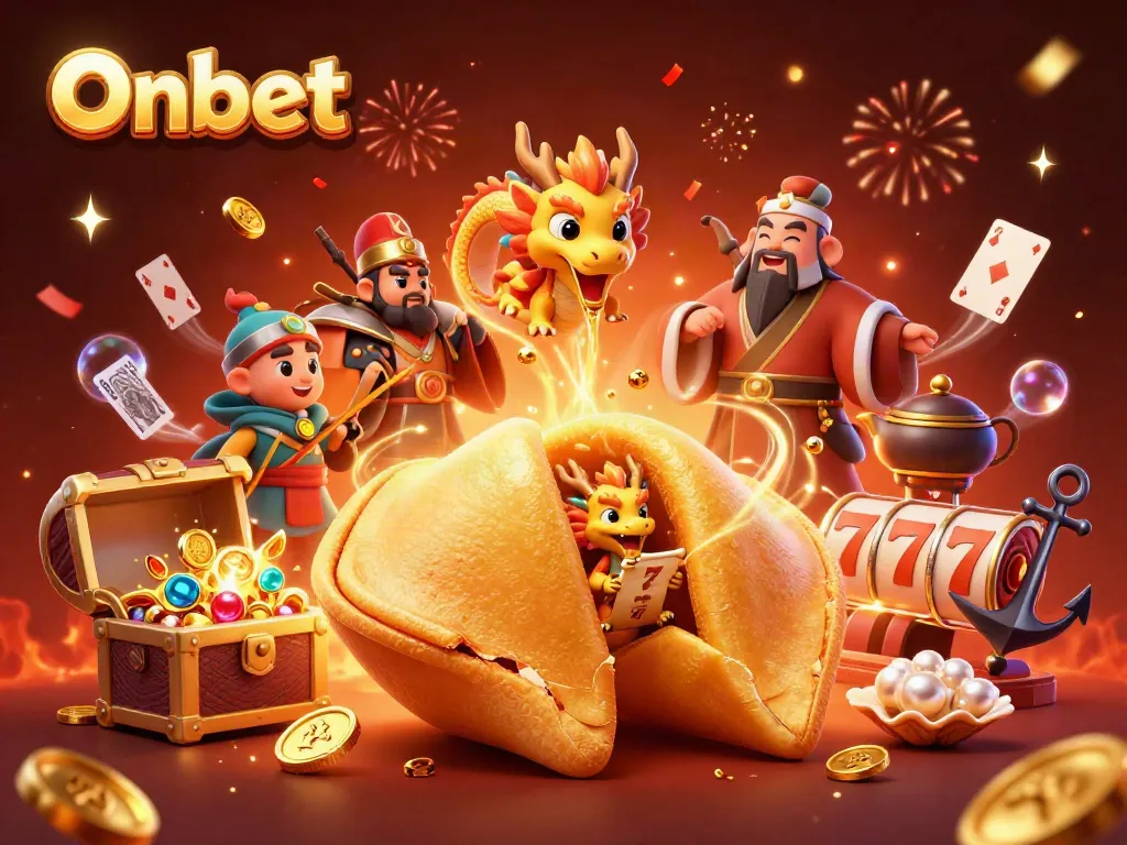 Experience Onbet's thrilling gaming world with vibrant slot action and whimsical characters amid celebratory confetti.