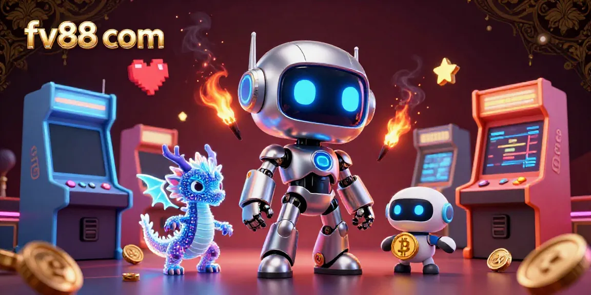 Experience thrilling games with fv88 com's vibrant casino illustration showcasing a cyberpunk mascot and AI companions.