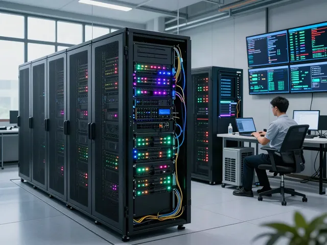 Advanced AI data center with technicians managing server performance and metrics.