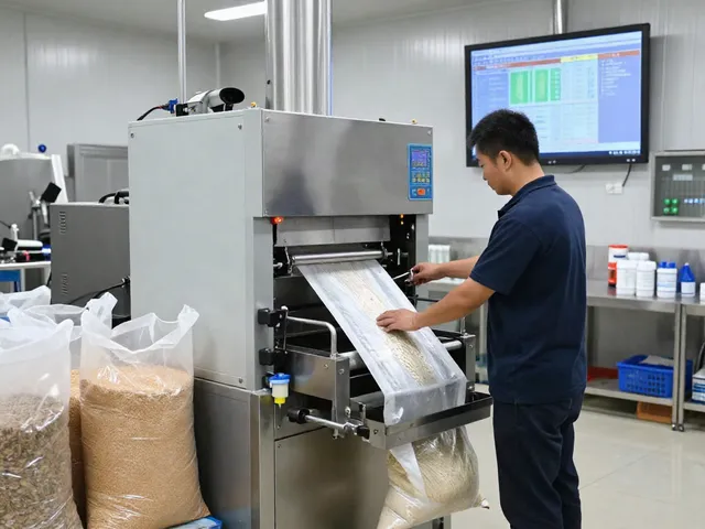 Open mouth bag filling machine efficiently packaging grains in a modern manufacturing facility.