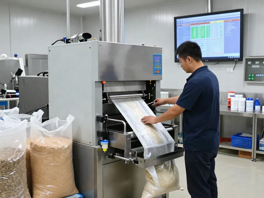 Open mouth bag filling machine efficiently packaging grains in a modern manufacturing facility.