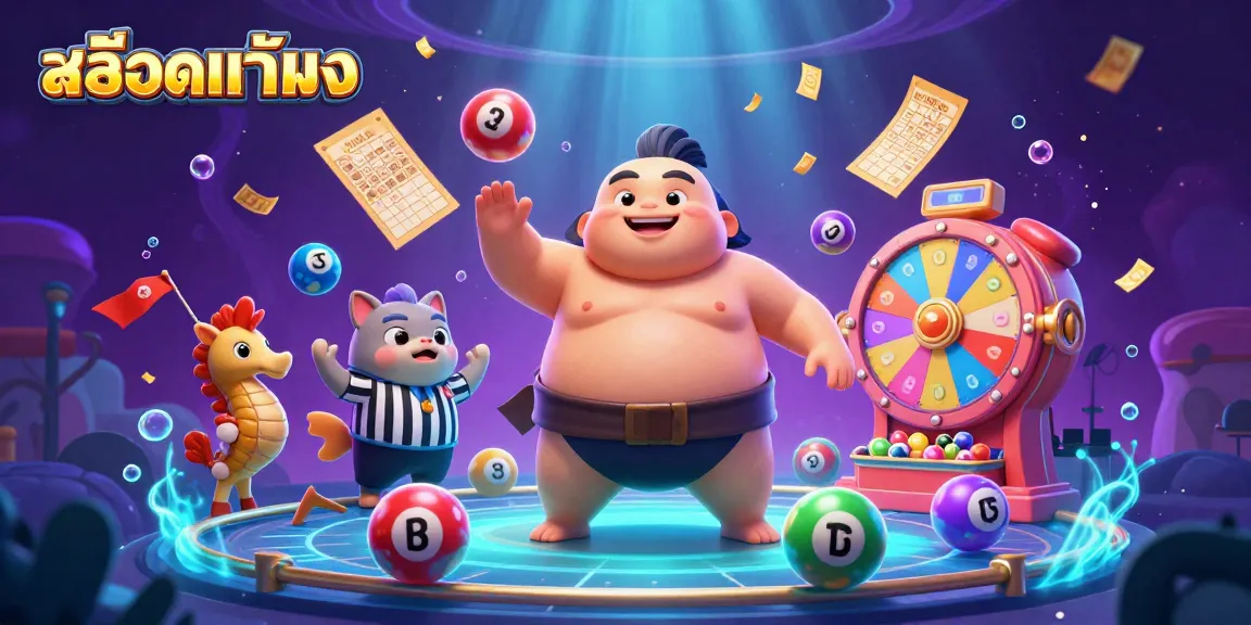 Engage in thrilling lottery excitement with "สล็อตแท้ตรง" featuring a dynamic 3D underwater scene of a fugu, catfish referee, and vibrant elements.
