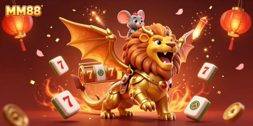 Engage in thrilling action with MM88, featuring a triumphant chimera and vibrant casino elements.