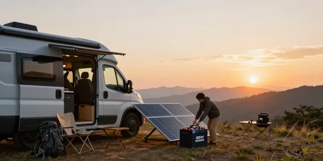 Person setting up solar panels with 12V Lithium Batteries at a camper van during sunset.