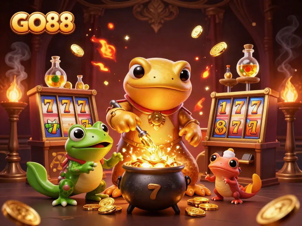 Experience GO88's unique gaming with an amazing 3D illustration of an alchemist turning metals into gold, surrounded by vibrant casino elements.