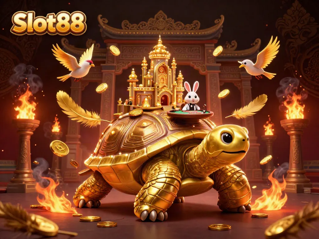 Experience Slot88 excitement with a vibrant 3D casino scene showcasing a golden tortoise and a rabbit dealer.