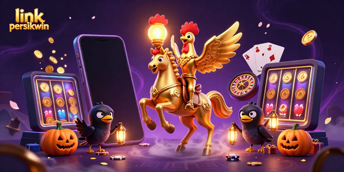 Permainan slot interaktif di kasino malam dengan link persikwin menampilkan karakter ayam jantan emas mengendarai kuda spektral.