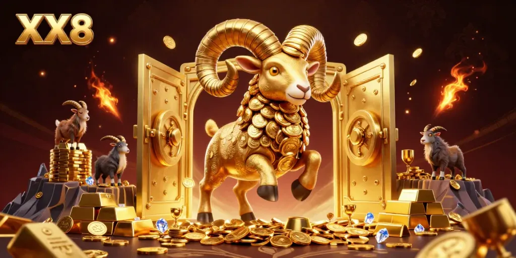 Engage with the dynamic gaming experience at XX8 featuring a golden ram charging at a treasure vault.