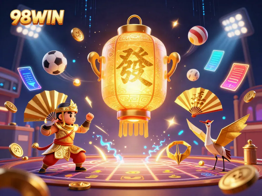 Engage in thrilling gaming at 98WIN with a vibrant casino scene showcasing fun elements and excitement.