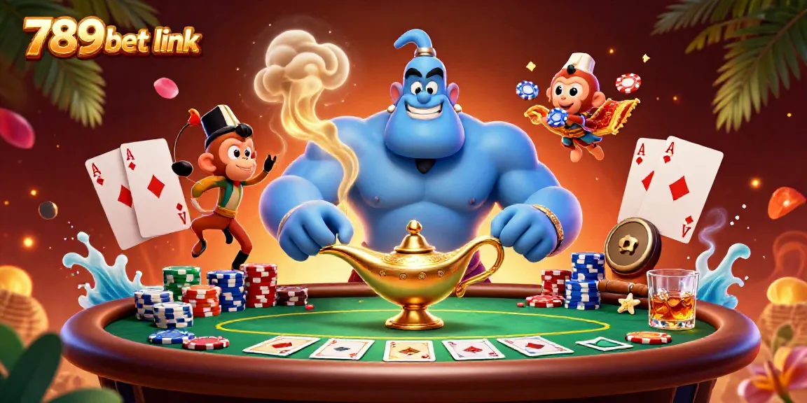 Experience thrilling gameplay with 789bet link, featuring a blue genie, poker elements, and rich casino visuals.