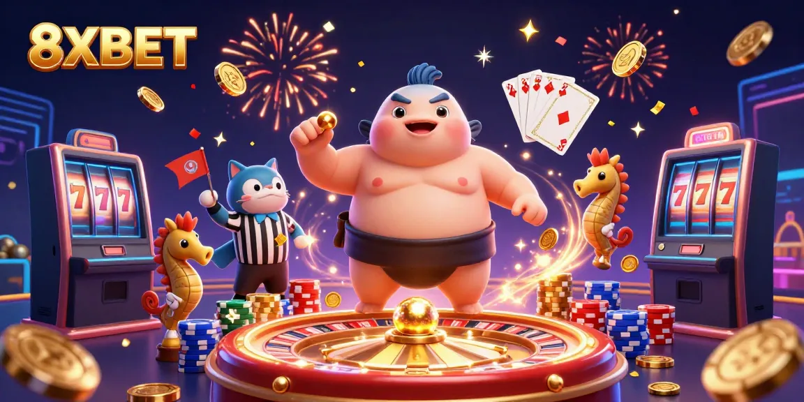 Experience 8XBET's vibrant casino scene with animated characters and rich game elements.