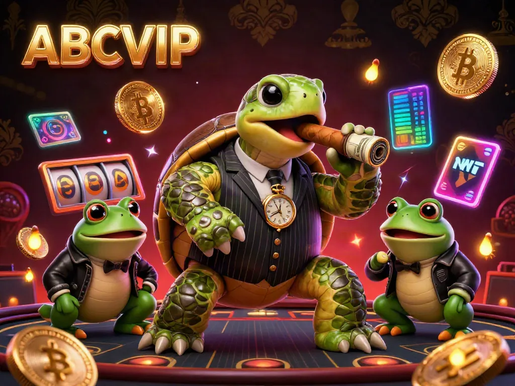 Engage with ABCVIP's exciting online casino, showcasing vibrant colors and dynamic game elements with a turtle in a mobster suit.