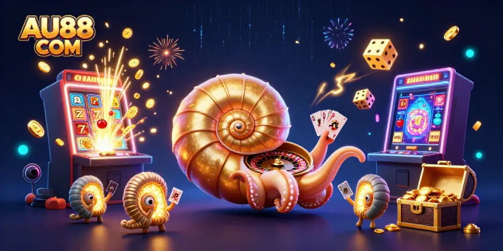 Experience the thrilling world of AU88 COM with a vibrant casino scene showcasing a giant nautilus and winning symbols.