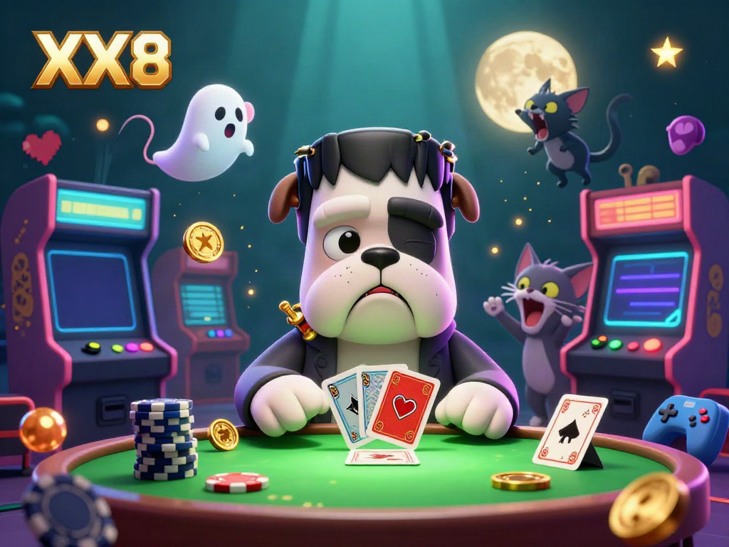 Experience thrilling gaming with the vibrant XX8-themed 3D casino illustration featuring interactive elements and lively characters.